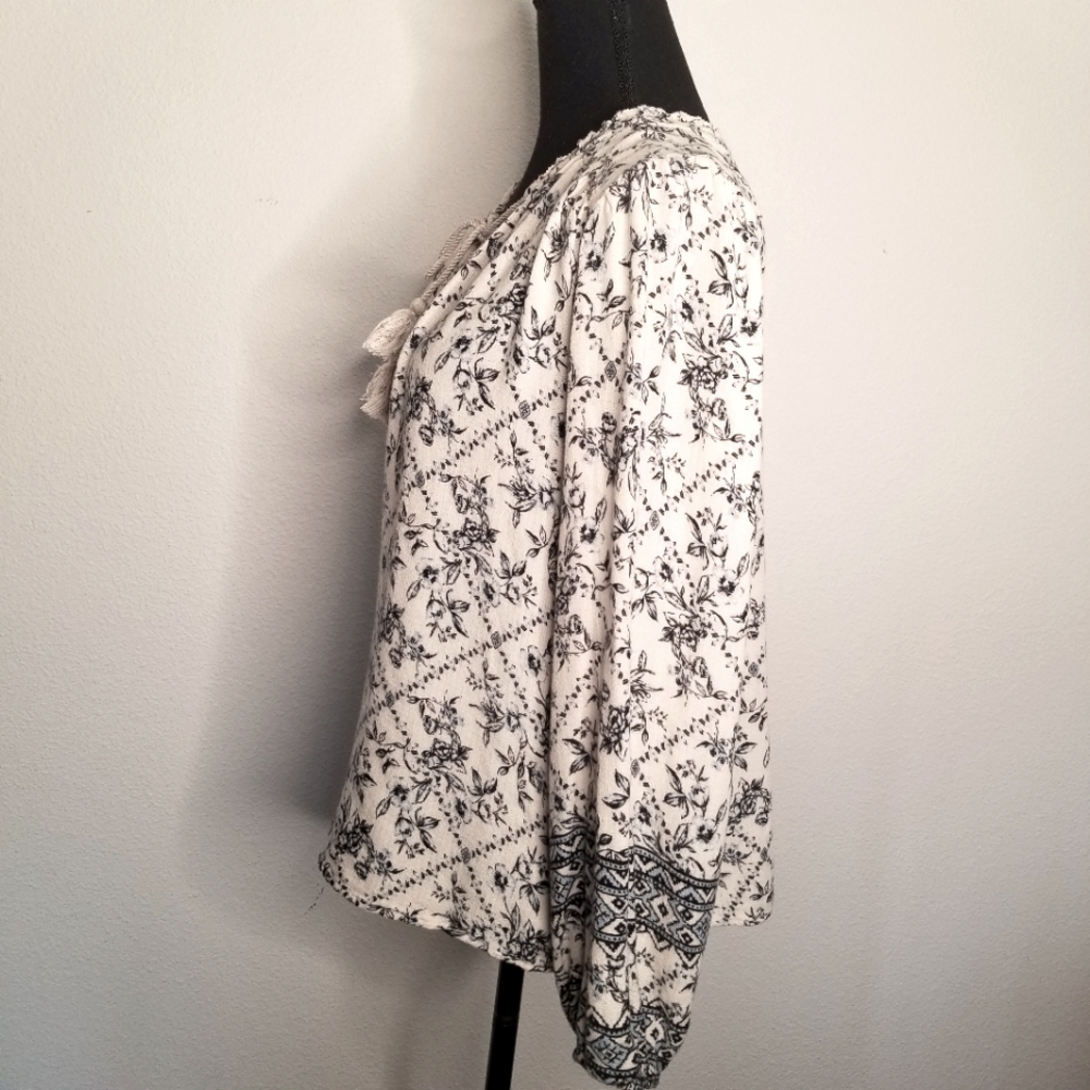 Lucky Brand Top Boho Viscose Tassels Border Print Blue Peasant Long Sleeves L - Picture 3 of 8